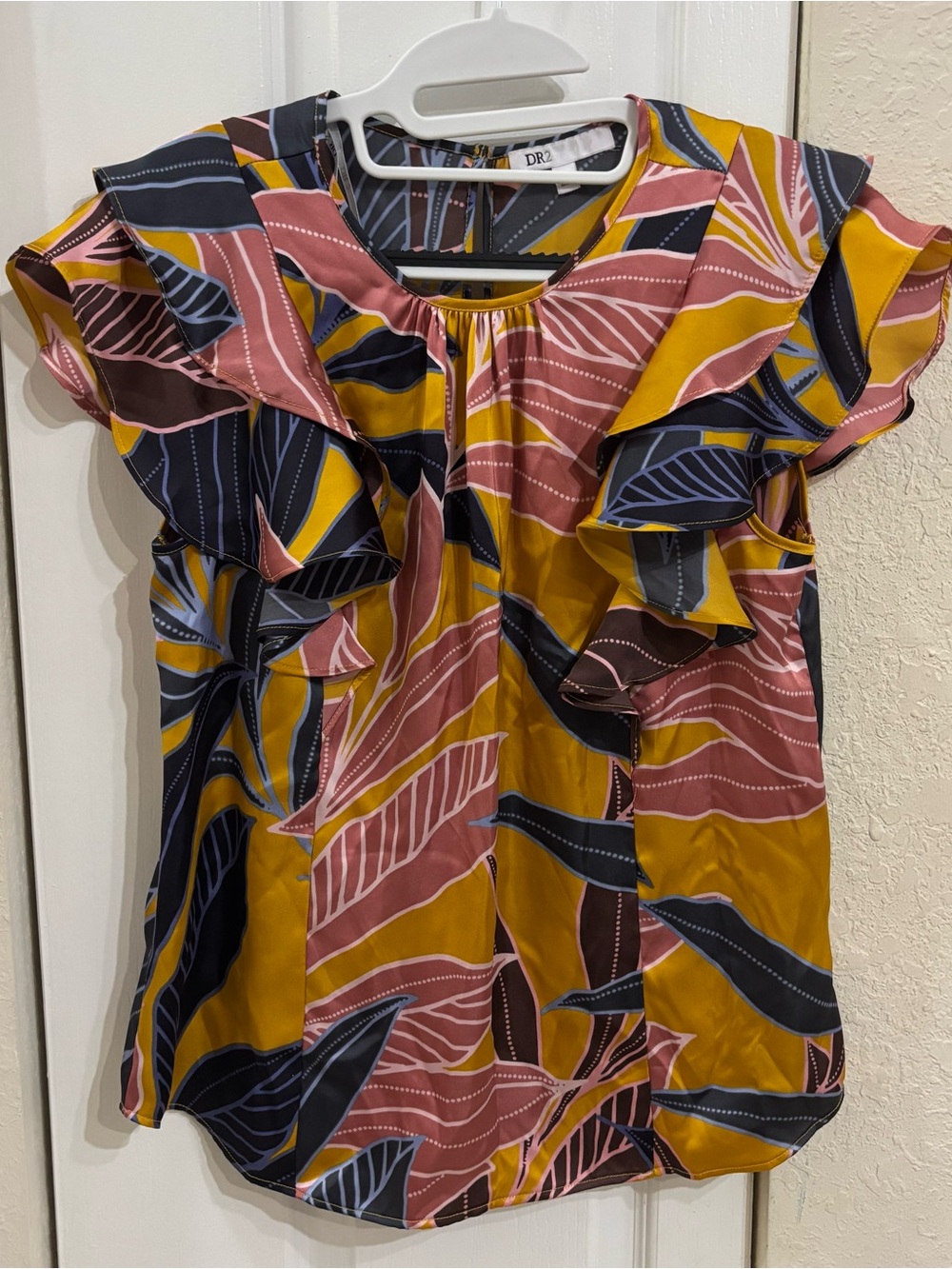 DR2 Mustard Multi Ruffle-Sleeve Tropical Leaf Print Blouse